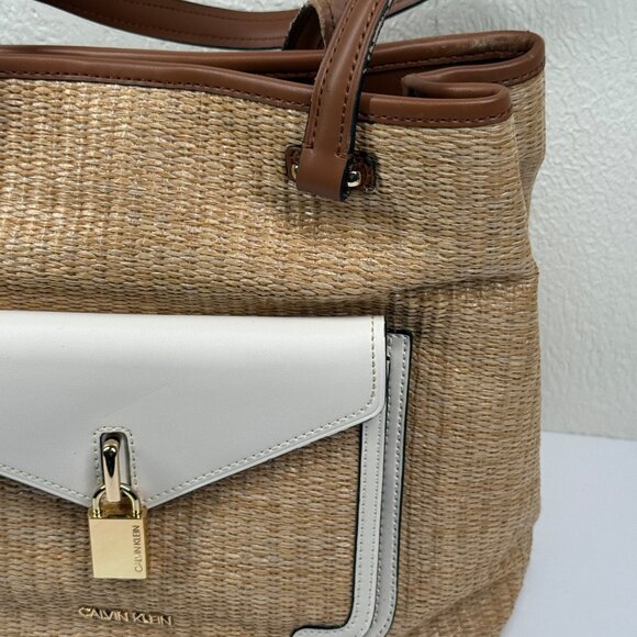 Calvin Klein Natural Straw & Brown White Leather Trim Tote Bag Canvas Raffia - Picture 5 of 8